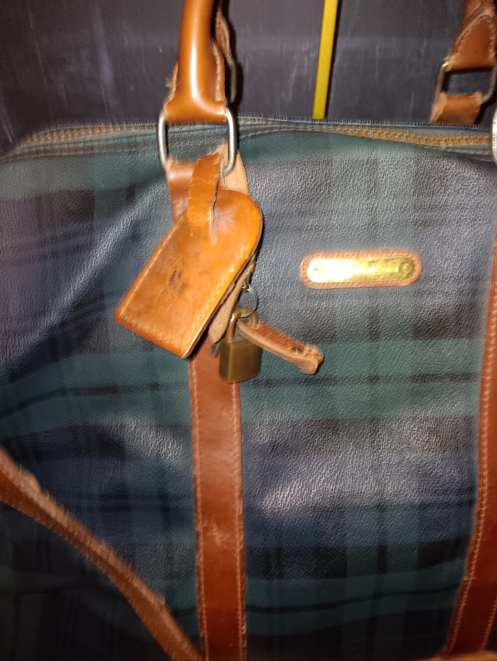 Polo by Ralph Lauren Green and Brown Plaid Leather-Trim Travel Bag With Lock Tag - Picture 2 of 7